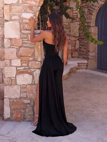 ADYCE Elegante vestido largo de tubo con plisado de espina de pescado, fruncido modificado, cintura transparente con recortes, lazo largo y espalda descubierta para baile de graduación, fiesta de bienvenida, invitada de boda y cena formal - Negro - Ver 2