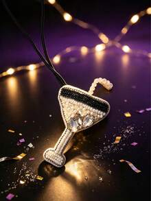 1pc Party Style Bag Charm, Handmade Rhinestone Beaded Pendant With Champagne, Cocktail Glass, Coffee Cup Pattern - White - View 2