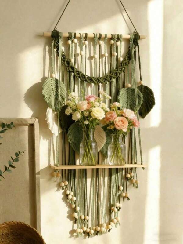 1 Peça Decoração de Parede Estilo Boêmio com Prateleira, Rack de Armazenamento Tecido com Padrão de Folha Verde, Ornamento de Parede Tecido Feito à Mão, Prateleira de Armazenamento Montada na Parede Interna, Decoração de Parede para Quarto e Sala de Estar, Tapeçaria Tecida com Folha de Planta e Prateleira