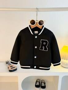 1pc Infant Toddler Spring/Autumn American College Style Baseball Jacket, Black Ribbed Striped Baseball Collar & Cuffs, Front Metal Snap Button Closure, 3D Flocked Large R Letter Patch On Chest, Loose Drop Shoulder Fit, Unisex Baby, Casual Everyday School & Outing Jacket - Black - View 4