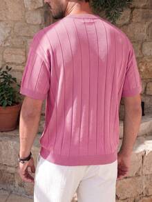 ALTZTAR Men's Thin Solid Color Short Sleeve Knit Vertical Striped Crew Neck Top - Pink - View 3