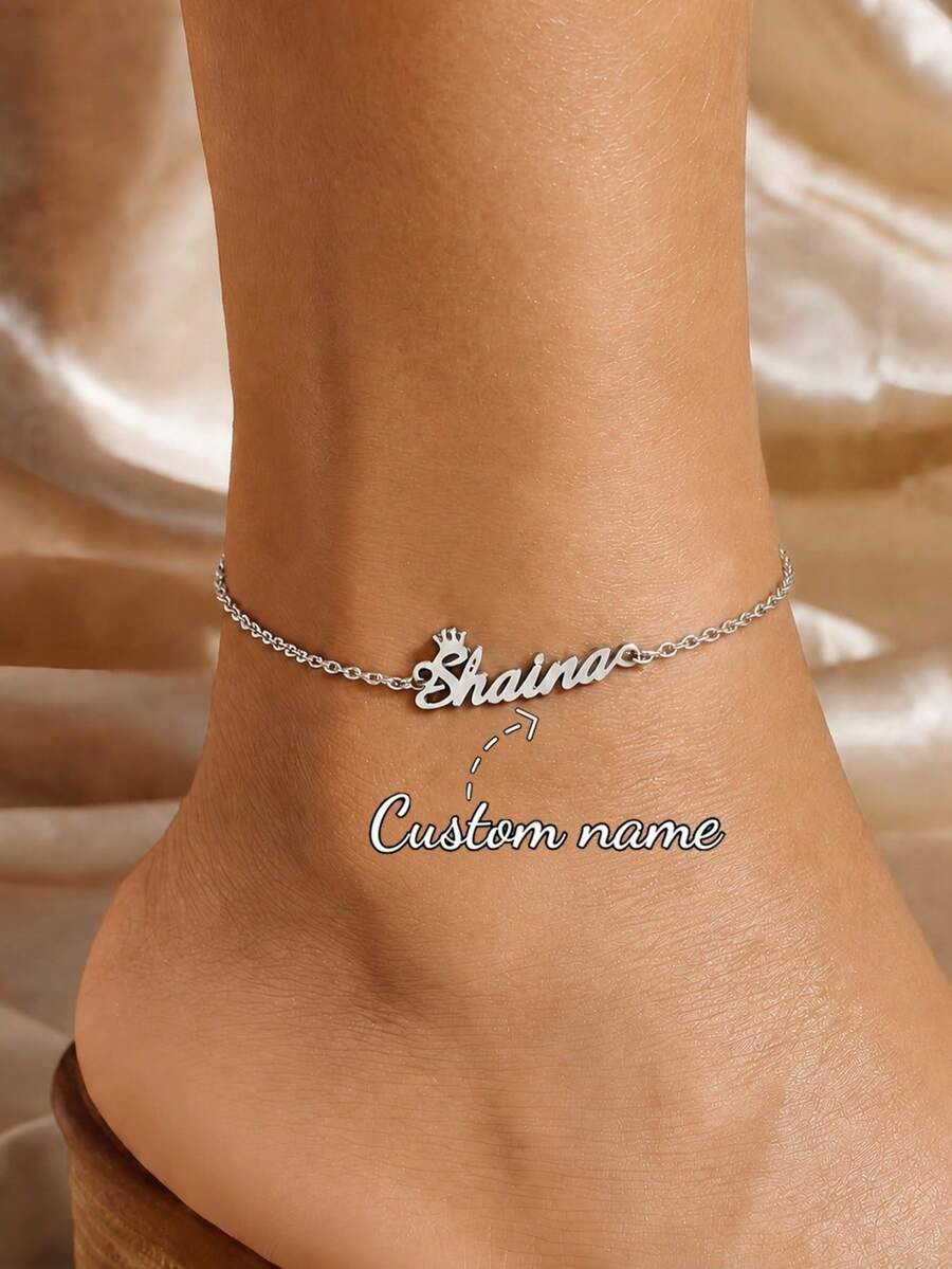 Customized Name Anklet, Adjustable Stainless Steel Hiphop Crown Letter Pendant Anklet, Bohemian Beach Jewelry Gift For Women - Silver - View 1