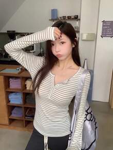 Korean Style Striped Casual Long Sleeve T-Shirt Women Early Autumn Slim Fit Top - Grey - View 5