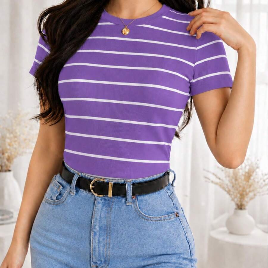 Women's Basic Ribbed Cotton Striped Blouse - Lila - Ver 1