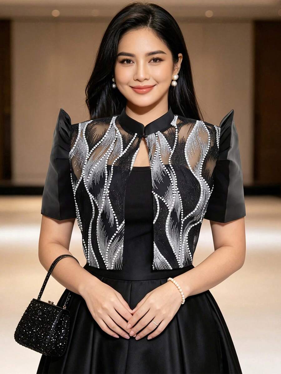 現代菲律賓風情女式蝴蝶袖上衣 1件裝 針織開襟上衣 日常、度假、辦公適用 - 黑色 - 查看 1