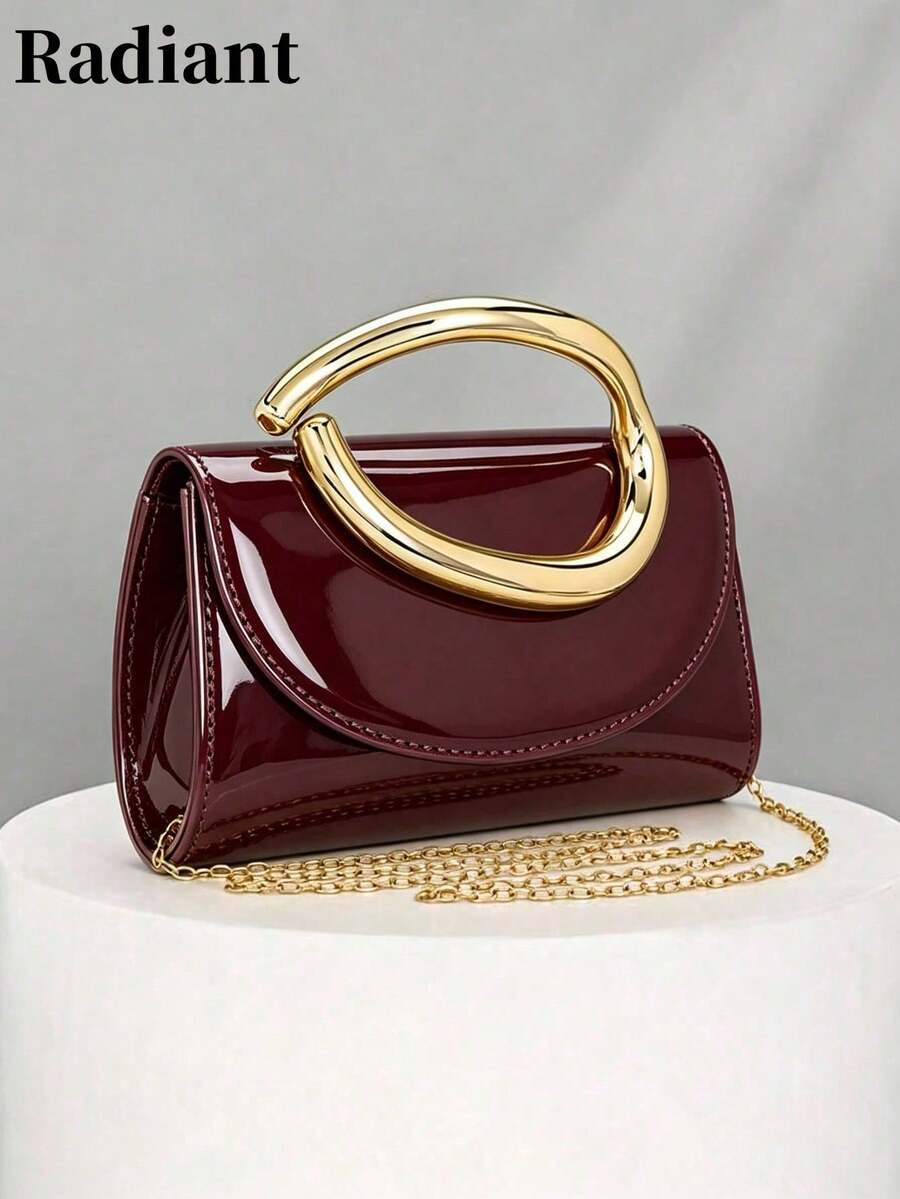 حقيبة كلاتش مسائية لامعة مع حلقة معدنية وتصميم بطانية، أسلوب عتيق فاخر، مناسبة للزفاف والمواعيد - عنابي اللون - مشاهدة 1