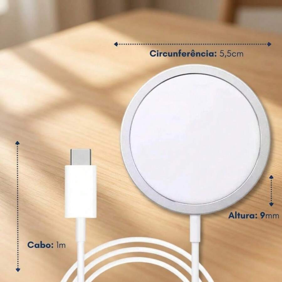 Carregador Sem Fio por Indução Magnético 15W com Cabo USB C 1 Metro Iluminação Rápida - Branco - Visão 1
