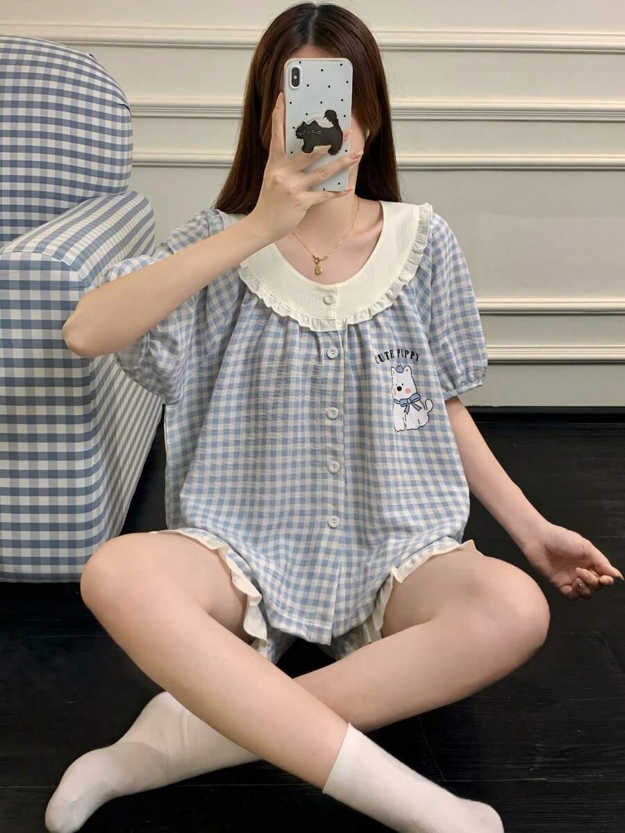 2件組女款睡衣家居服套裝,時尚動物印花開襟短袖荷葉邊設計短褲,休閒簡約,適合春夏,居家舒適 - 藍白色 - 查看 1