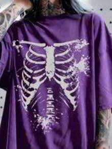 Colección verano 2026. Camiseta holgada mujer talla grande, estampado calavera y rosa gótico punk, estilo retro vanguardista. Tallas 3–7XL, apta otoño-invierno. Envío gratis 24h. - Púrpura 1 - Ver 18