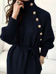 YI XUAN Women's High Neck Long Sleeve Dress With Button Decor And Waist Design, Mid-Length Wool Knit Dress, Suitable For Autumn/Winter - Royal Blue - View 3