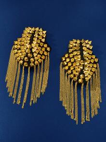 2pcs Punk Style Gold Rivet Decor Epaulets, Detachable Tassel Chain Metal Shoulder Boards, Clothing Accessories - Gold - View 7
