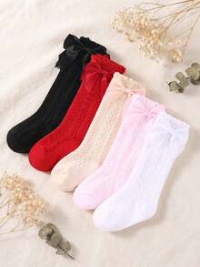 5 Pairs Random Style Back To School Mid-Calf Socks For Baby Girls, Cute Bow & Ruffle Trim Socks, Newborn Baby Girl Essentials, Kindergarten Party Gift - Multicolor - View 5