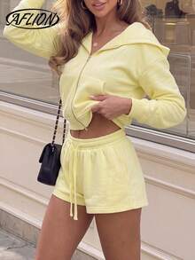 2 Pieces Outfit Women Summer Fall Pale Yellow Set, Long Sleeve Zip Hoodie With Pockets & Drawstring Shorts, Casual For Outdoor, Dating & Home Wear - Yellow - View 3