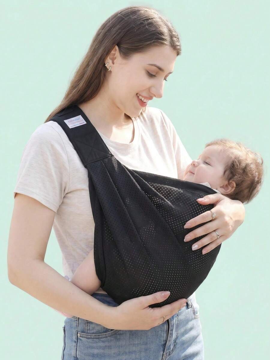 Gendongan Bayi Satu Bahu Berbahan Jaring Bernapas, Ringan untuk Bayi Mungil, Gendongan Bayi untuk Bepergian - Hitam - View 1