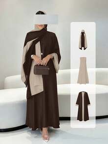 Setelan 3 Potong Elegan Warna Polos Timur Tengah: Jubah Lengan Panjang Depan Terbuka + Gaun Rompi + Hijab Serasi, Pakaian Arab Musim Gugur - Coklat - View 1