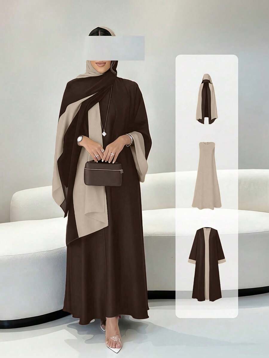 Setelan 3 Potong Elegan Warna Polos Timur Tengah: Jubah Lengan Panjang Depan Terbuka + Gaun Rompi + Hijab Serasi, Pakaian Arab Musim Gugur - Coklat - View 1