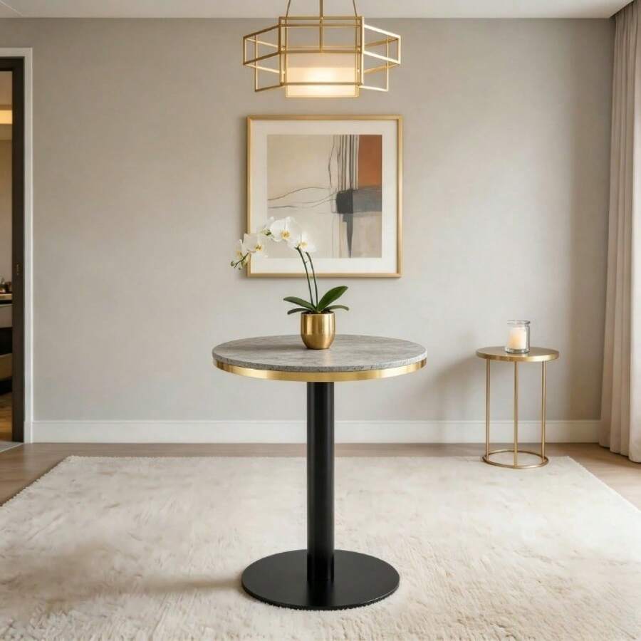 Modern Round Side Table With A Gold Stainless Steel Frame, Marble-Effect Top For Living Room, Luxury Side Table With A Sturdy Base. - 灰色 + 中密度纖維板 + 金屬 - 查看 1