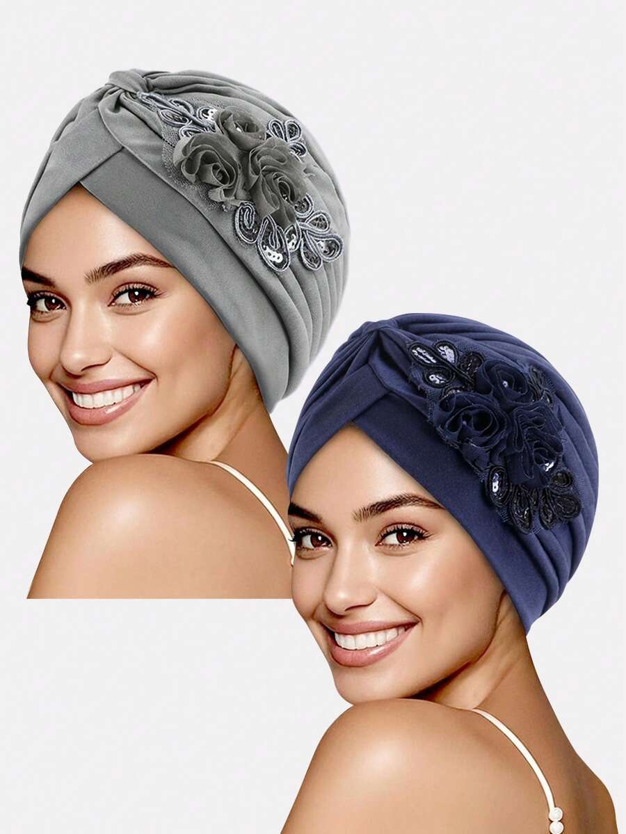 2件組女款亮片3D花卉頭巾帽，適合日常穿著 - 藏青/淡灰 - 查看 1