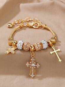1 pieza Pulsera de niña con corazón dorado y cuentas de strass para decoración diaria - Multicolor - Ver 9