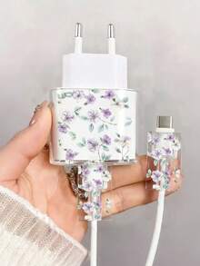 Shockproof Flower Series Tassel Flower Transparent Charger Protector Case (Suitable For 20W), Compatible With 13/14/15 European Adapter Protector Set 20W Charger With Cable Protector Case, Transparent EU Plug Protector, Cable Protector, Charger Accessories Women Gift - Multicolor - View 24