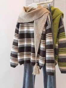 Women's Striped Knit Sweater With Drop Shoulder, Cozy Fall Winter Round Neck Pullover Top With Medium Stretch Fabric For Everyday Comfort - Multicolor - View 6