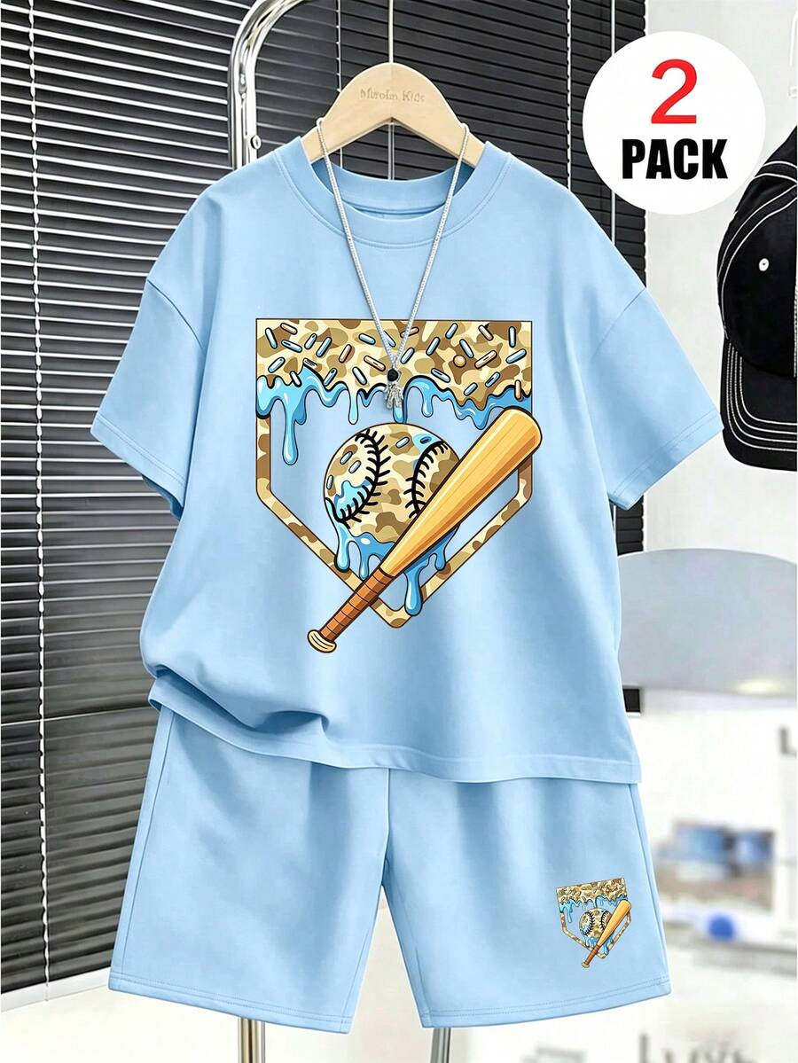2pcs/Set Boys Outfit, Printed Baseball Pattern Loose Top + Sports Shorts, Comfortable And Soft, Suitable For Summer And Sports - Baby Blue - View 1