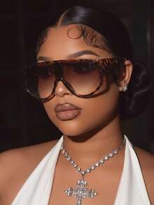 1 Pair Women's Leopard Print Aviator Frame Retro Oversized Street Style Fashion Glasses - Tortoise Shell Frame - View 1