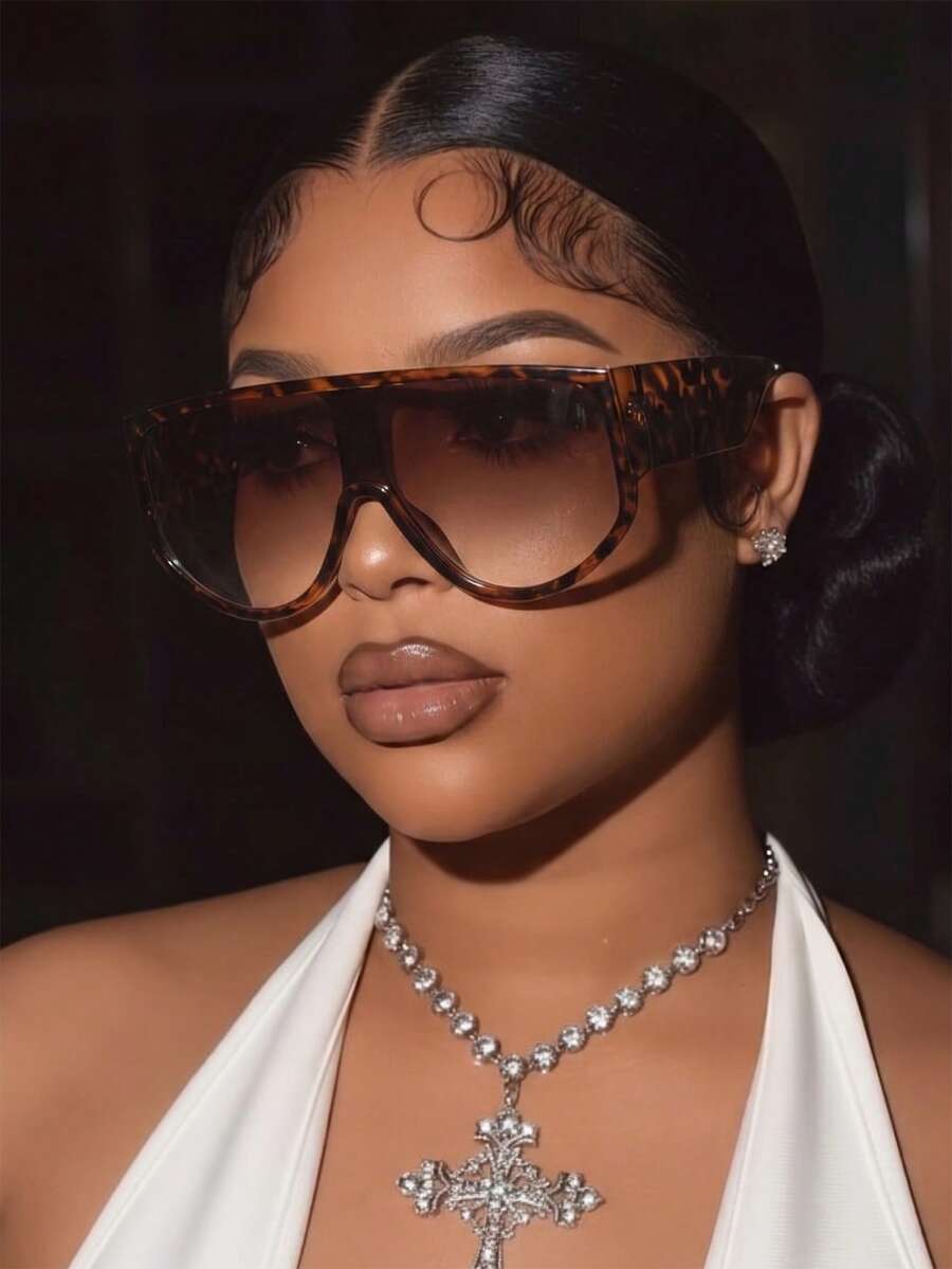 1 Pair Women's Leopard Print Aviator Frame Retro Oversized Street Style Fashion Glasses - Tortoise Shell Frame - View 1