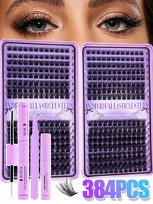MEM 384pcs D Curl Fluffy Cluster False Eyelashes Set, Suitable For Beginners, Includes Complete Tools & Tutorial, Natural 3D Lashes, Suitable For Daily, Wedding, Party, Halloween Makeup - Black - View 2