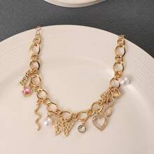 Cute Y2K Gold Chunky Link Charm Bracelet, Butterfly Heart Pearl Pink Flower Multi Charms Wrist Bracelet For Daily Outfit - Yellow Gold - View 5