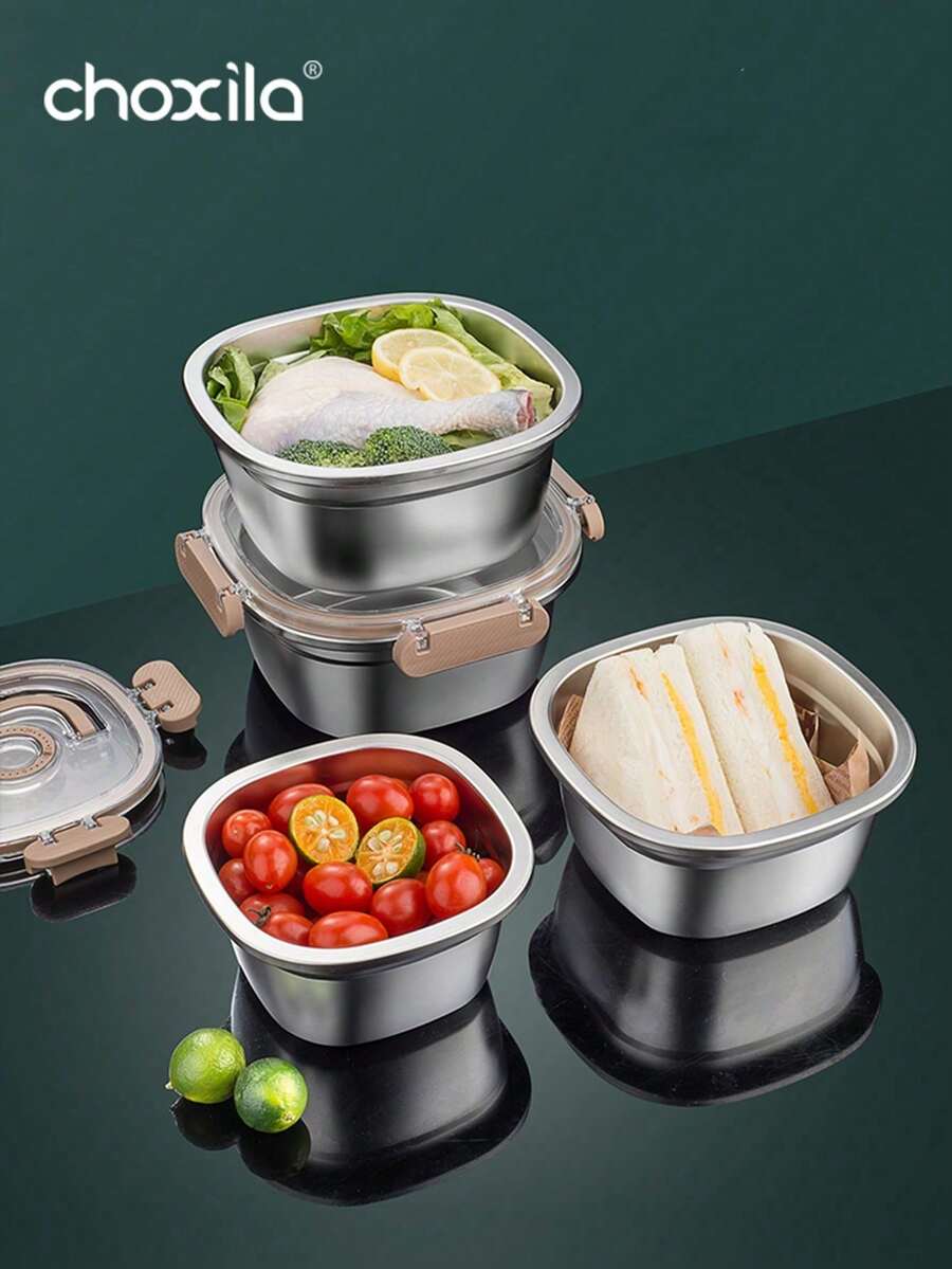 choxila 1pc Stainless Steel Food Storage Container With Lid Markings And Date Recording Dial, Suitable For Refrigerator, Multi-Purpose Airtight Fresh-Keeping Box For Fruits And Vegetables - Silver - View 1