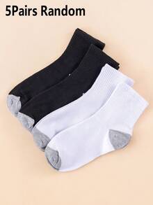 1/5 Pair Black & White Solid Color Reinforced Gray Toe Men's Vertical Stripe Mid-Calf Socks, Breathable, Wear-Resistant, Anti-Friction, Commuting, Workwear, Running, Basic Socks - Multicolor - View 6