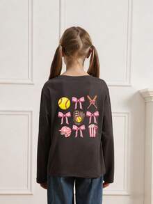 Young Girl-Printed Long Sleeve, Soft And Comfortable Fabric, Suitable For Girls' Outdoor Sports, Daily Wear, Street Style, Campus Wear, Fashion Casual Versatile Top For Spring And Summer - Dark Grey - View 3