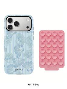 GIIPPA 1件淺藍條紋背景配淺藍與粉色邊緣清新花卉圖案設計，Phone 17 Pro Max 手機殼 + 粉色吸盤，相容於 Phone 16 Pro Max、15 Pro Max、14 Pro Max，韓系高端時尚趣味手機殼，相容於 11/12/13/14/15/16 Pro Max Plus，優雅設計適合男女，聖誕節、情人節、復活節、婚禮季與生日送女友的完美禮物！ - 淺藍色 - 查看 3