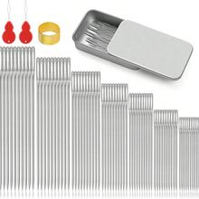 40 Agujas de coser de ojo grande, 7 tamaños de agujas de coser afiladas, adecuadas para costura a mano, hilo de bordado de cuero, agujas de tejer de acero inoxidable (con enhebrador), dedal (para manualidades, remiendo, acolchado), con una herramienta de enhebrado y un portaguja. - Múltiples estilos - Ver 2