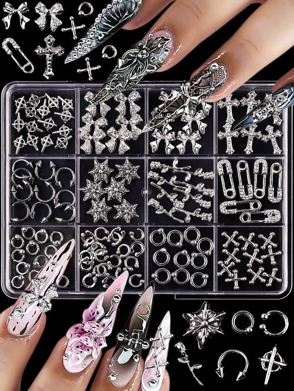 118pcs New Y2K Style Silver Alloy Bow & Cross Rings Nail Art Decoration Accessories, Handmade DIY Dark Punk Cool Nail Art Decoration Accessories, Japanese & Korean Style Wearable Nail Alloy Nail Art Decoration Gift Box, Nail Design Accessories