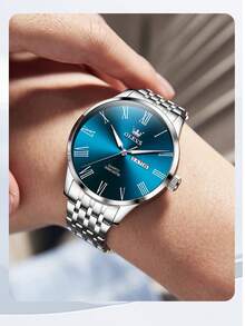 OLEVS 3633 Men's Business Minimalist Original Quartz Watch, Waterproof Luminous Stainless Steel Dual Calendar Display Watch - Blue - View 3