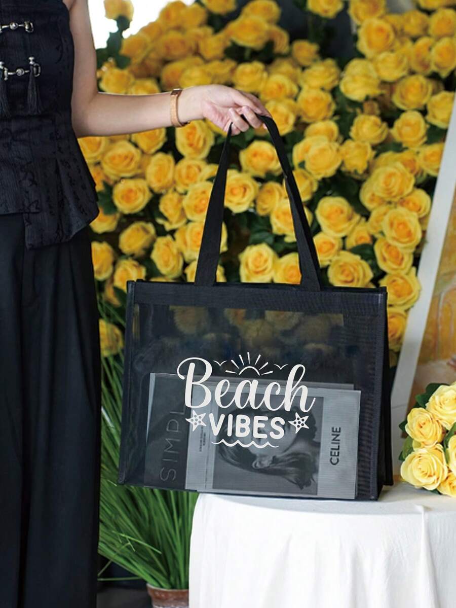 Large Capacity Tote Bag Women's Outdoor Fashion Shoulder Bag Handheld Shopping Bag Letter Print Storage Mesh Bag Multi-Functional Portable Storage Bag Suitable For Travel Camping Beach Summer Use - Black - View 1