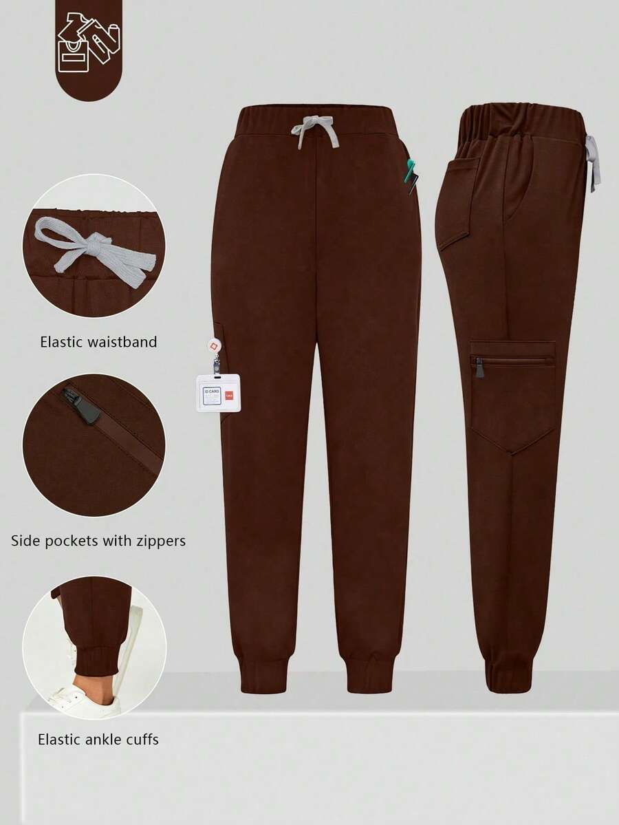 cimmuovere Ropa de trabajo de cintura alta y ajuste ceñido - Diseño de múltiples bolsillos - Pantalones ceñidos y transpirables - Bolsillos con cremallera lateral - Bajo elástico color marrón primavera - Marrón - Ver 1