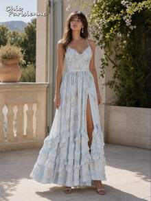 Blue Floral Chiffon V-Neck Backless Tiered A-Line Maxi Dress - 淺藍 - 查看 1