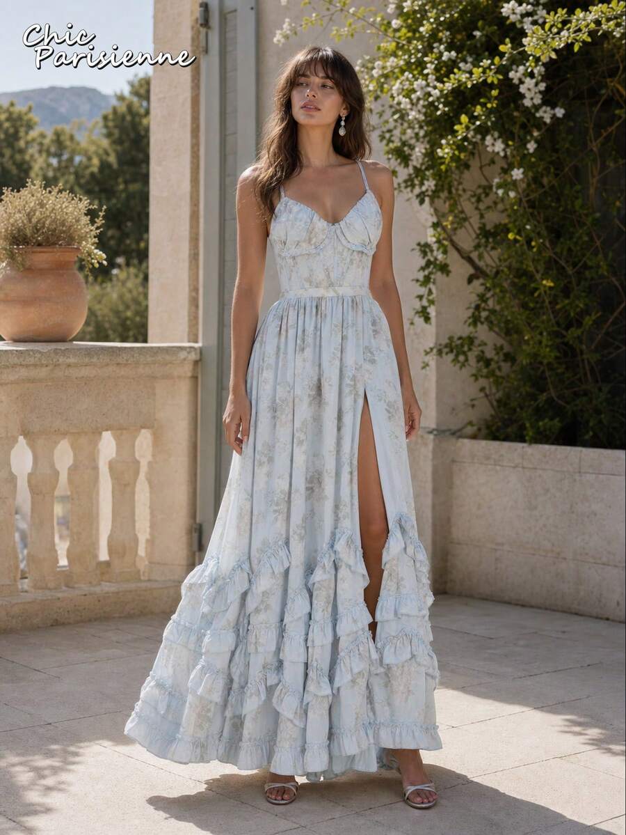 Blue Floral Chiffon V-Neck Backless Tiered A-Line Maxi Dress - 淺藍 - 查看 1