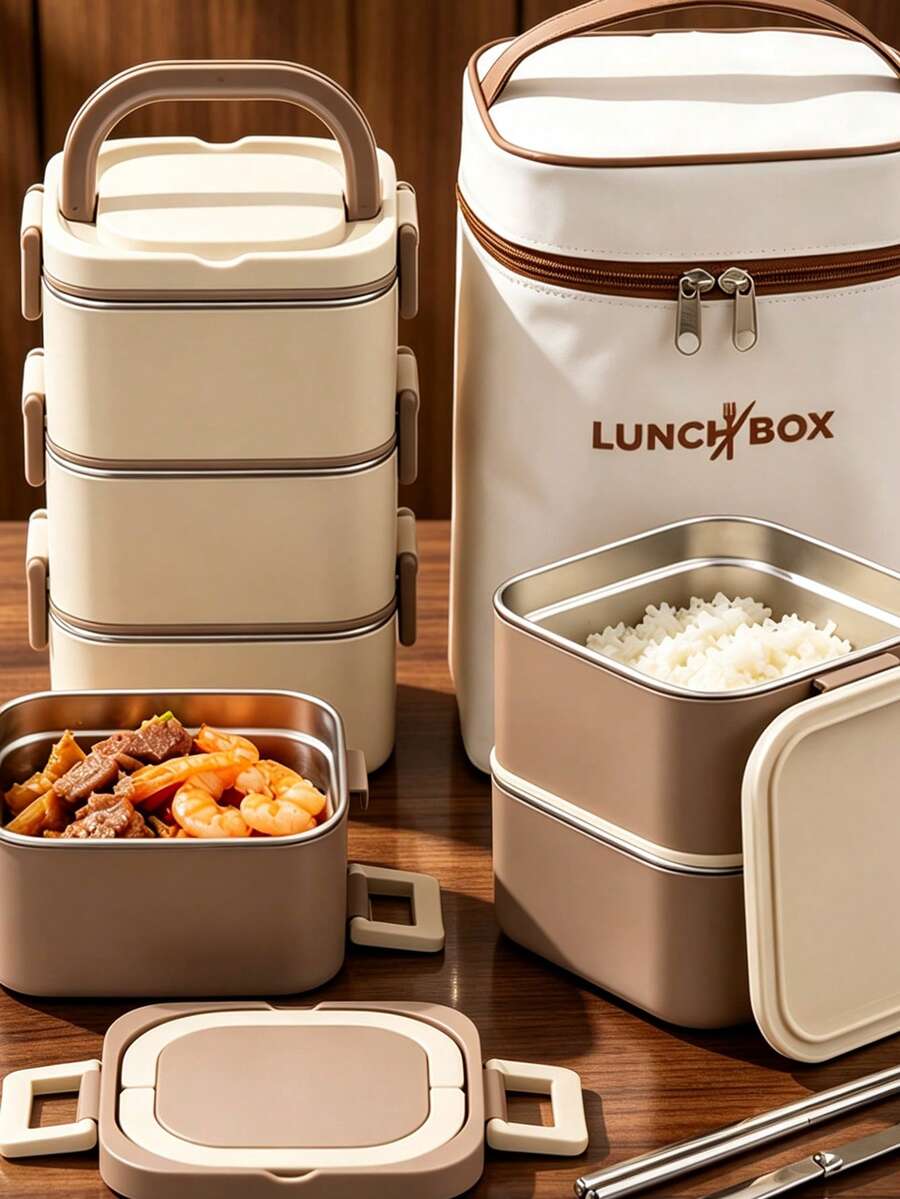 Kotak Makan Siang Dewasa Kapasitas Besar dari Stainless Steel 304, Kotak Makan Siang Bento yang Dapat Ditumpuk 4/3/2/1, Cocok untuk Dewasa, Kotak Bento Desain Persegi Minimalis Modern, Dilengkapi dengan Set Peralatan Makan dan Tas Isolasi, Kotak Makan Siang Anti Bocor, Cocok untuk Bepergian, Kerja, Piknik, Microwave dan Mesin Pencuci Piring - MultiWarna - View 1