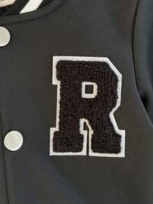 1pc Infant Toddler Spring/Autumn American College Style Baseball Jacket, Black Ribbed Striped Baseball Collar & Cuffs, Front Metal Snap Button Closure, 3D Flocked Large R Letter Patch On Chest, Loose Drop Shoulder Fit, Unisex Baby, Casual Everyday School & Outing Jacket - Black - View 6
