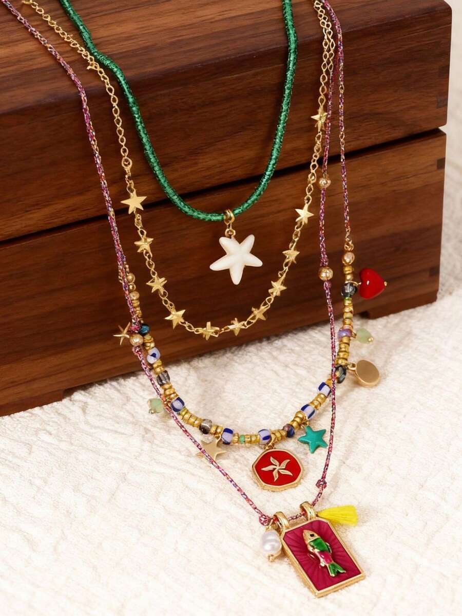 4 Colored String Bead Bead Rice Bead Starfish Small Fish Necklace Dopamine High-End Multi-Layer Necklace - Multicolor - View 1
