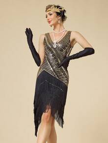 1920年代 Flapper 長流蘇蓋茨比風亮片串珠洋裝 - 金色 - 查看 3