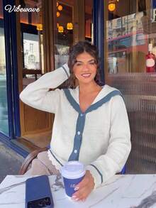 VIBEWAVE White Knitted Cardigan, Blue Contrast Trim V-Neck Long Sleeve Button Front Sweater, Short Length Preppy French Style - White - View 2