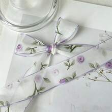 2 Yards Transparent Rose Flower Print Chiffon Ribbon, Wedding Bouquet Decoration Ribbon, Suitable For Handmade Bouquets, Gift Wrapping, Party Decor, Floral Design, Handmade DIY Bow Gift Ribbon, Soft Texture, Event Decoration - Purple - View 6