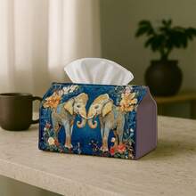 1pc Exotic Folk Art Tissue Box (Double Elephant & Floral Pattern), Available In 2 Sizes, Durable Napkin Holder For Car, Kitchen, Restaurant, Home Decor, Decorative Desktop Party Tissue Box, Holiday Decoration, Suitable For Bedroom, Living Room And Outdoor Gatherings - Multicolor - View 3
