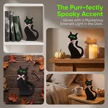 1pc Wooden Black Cat Tabletop Sign Decor, With Pink Bow And Green Cat Eyes Glow In Dark Sticker Decoration, Autumn Halloween Household Desk Shelf Party Supplies. - Multicolor - View 4