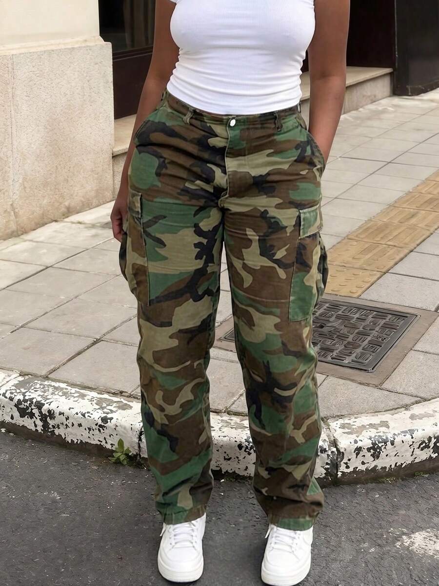 女士迷彩图案牛仔休闲工装裤，美式街头时尚度假春季款 - 軍綠色 - 查看 1